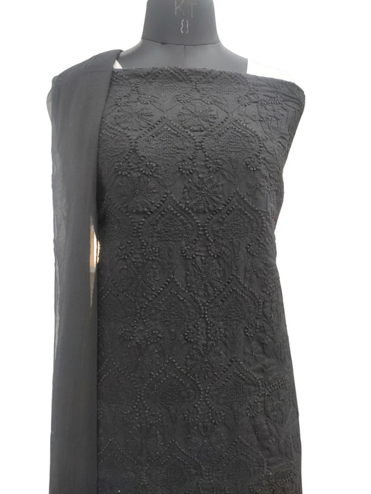 Shyamal Chikan Hand Embroidered Black Cotton Lucknowi Chikankari Unstitched Suit Piece With Jaali Work- S26700
