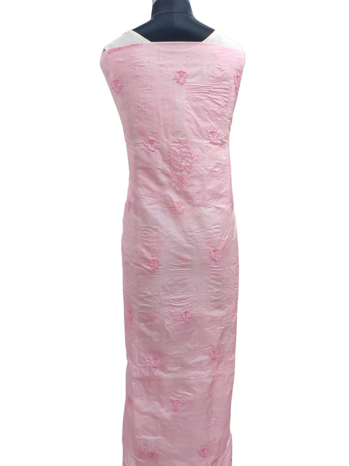 Shyamal Chikan Hand Embroidered Pink Pure Tusser Silk Lucknowi Chikankari Unstitched Suit Piece (Kurta Dupatta Set) - S21371