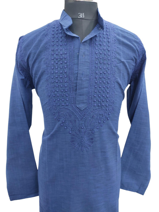 Shyamal Chikan Hand Embroidered Blue Cotton Lucknowi Chikankari Men's Kurta – S21195