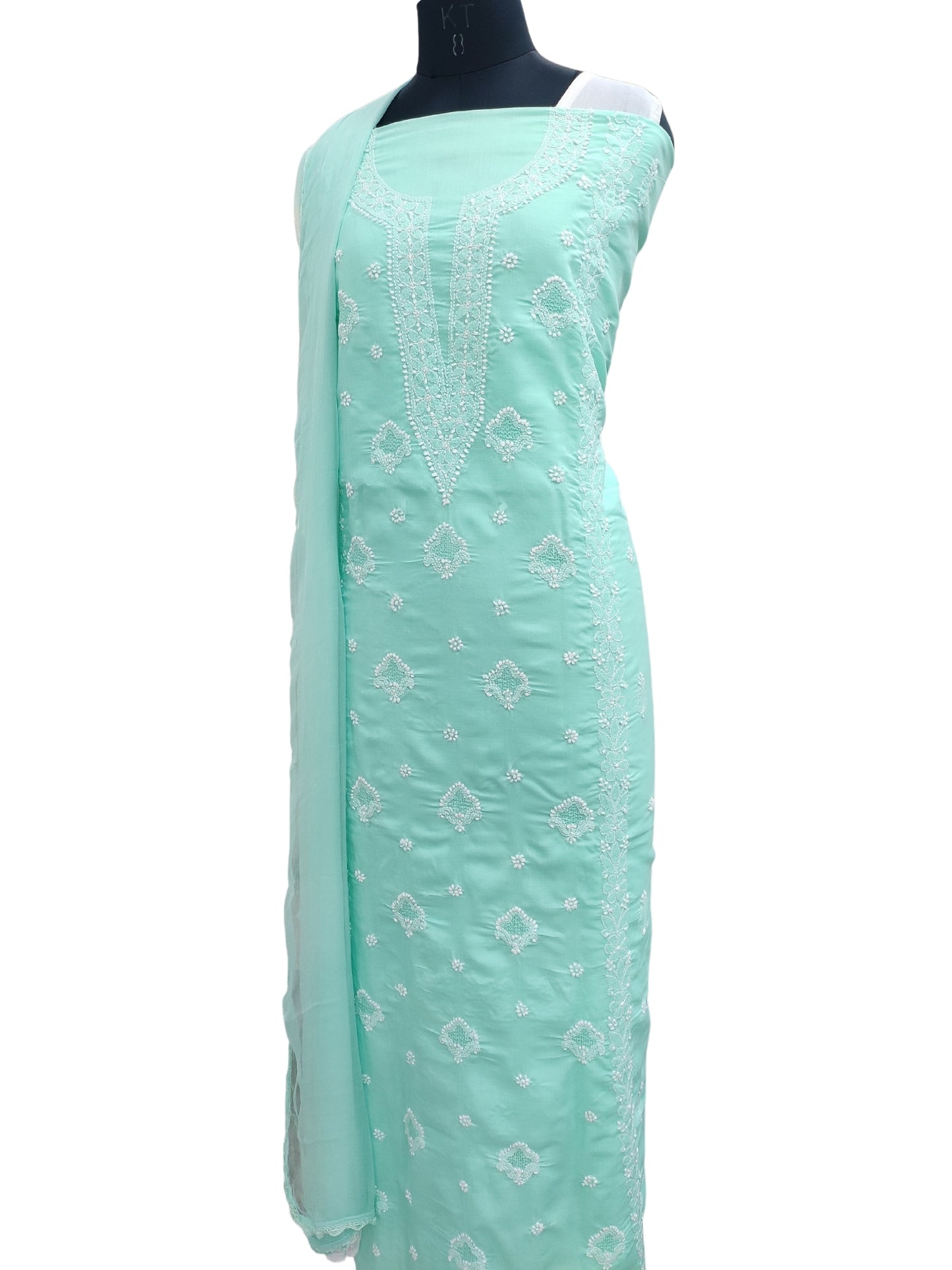Shyamal Chikan Hand Embroidered Sea Green Cotton Lucknowi Chikankari Unstitched Suit Piece With Jaali Work - S22594