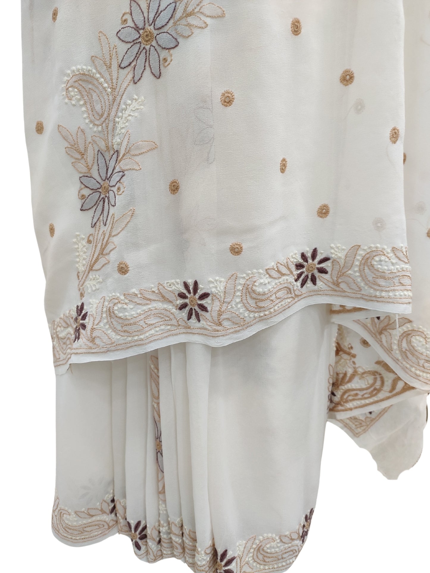 Shyamal Chikan Hand Embroidered White Pure Georgette Lucknowi Chikankari Saree With Blouse Piece  - S23232