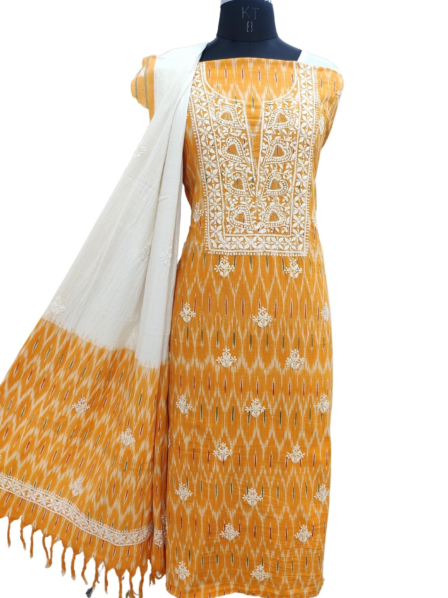 Shyamal Chikan Hand Embroidered Yellow Ikat Cotton Lucknowi Chikankari Unstitched Suit Piece - S20120