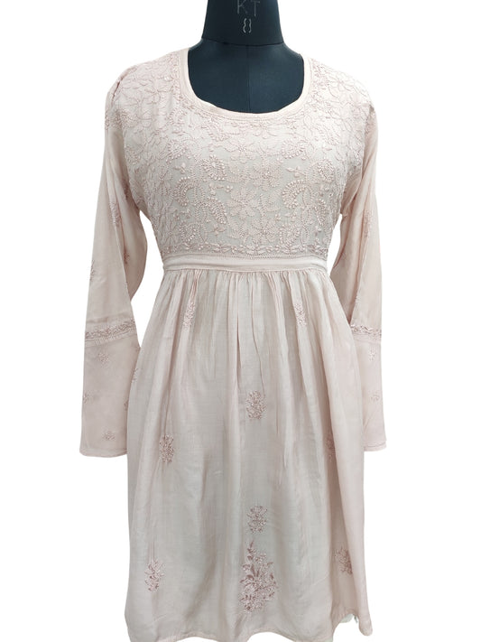 Shyamal Chikan Hand Embroidered Peachish Brown Muslin Lucknowi Chikankari Naira Short Top - S22818