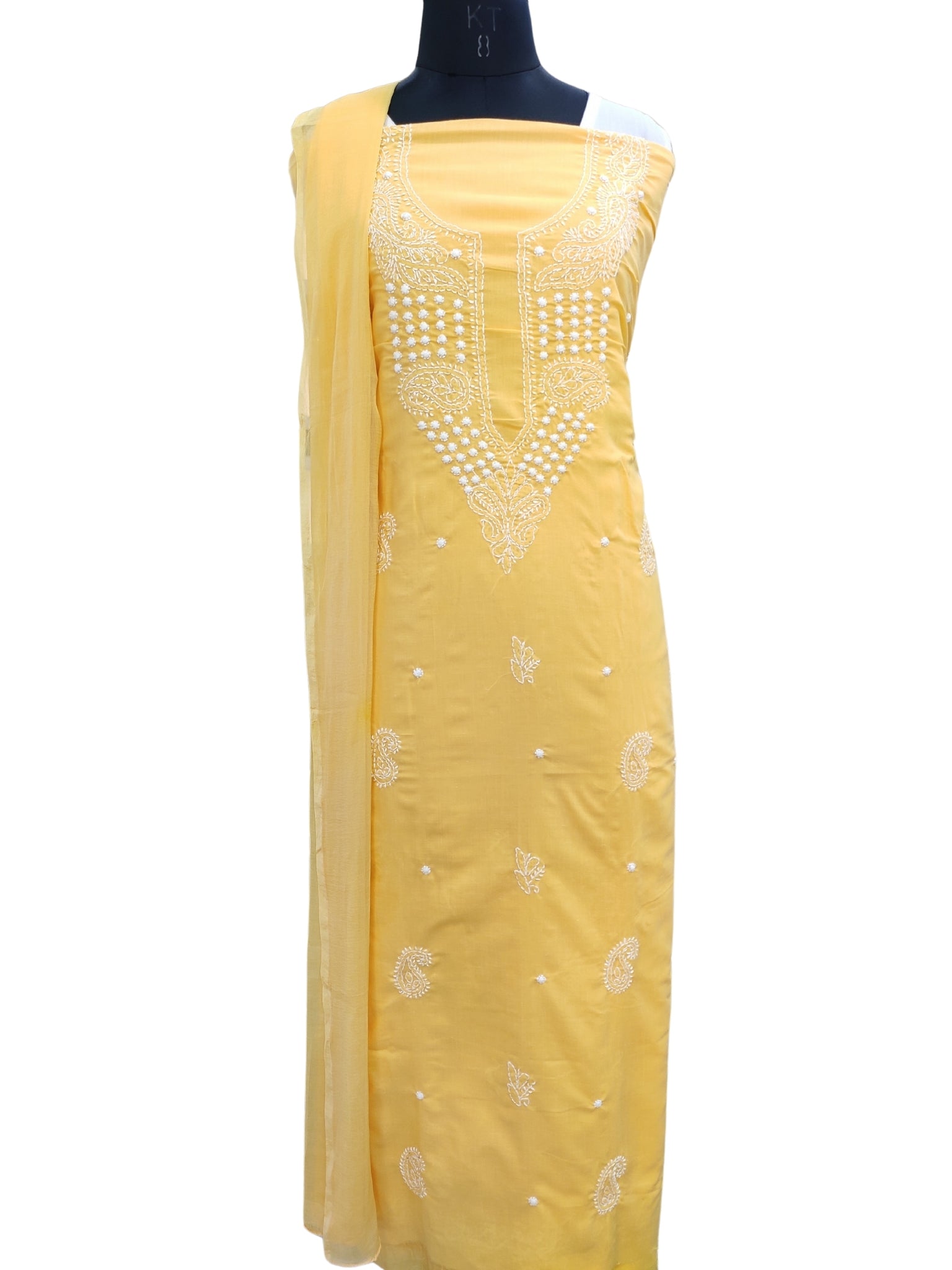 Shyamal Chikan Hand Embroidered Yellow Cotton Lucknowi Chikankari Unstitched Suit Piece 24212