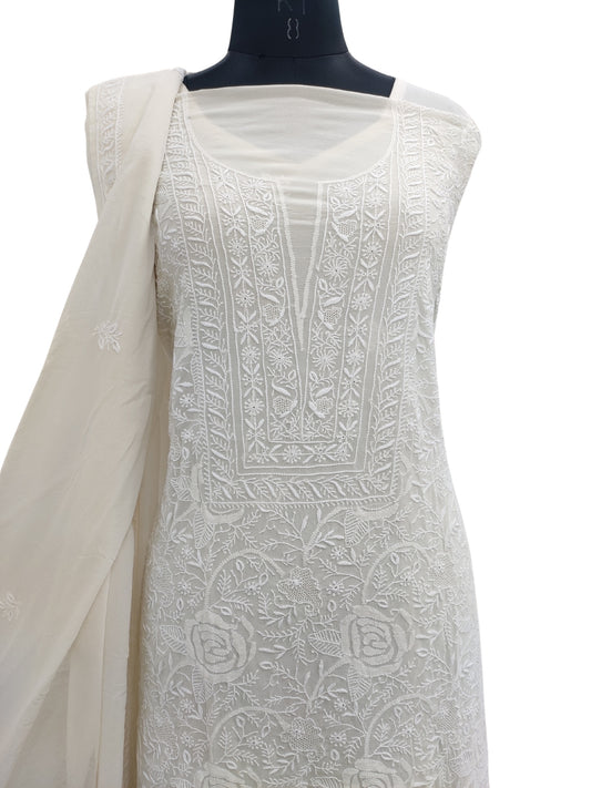 Shyamal Chikan Hand Embroidered White Pure Georgette Lucknowi Chikankari Unstitched Suit Piece With Jaali Work - 23832