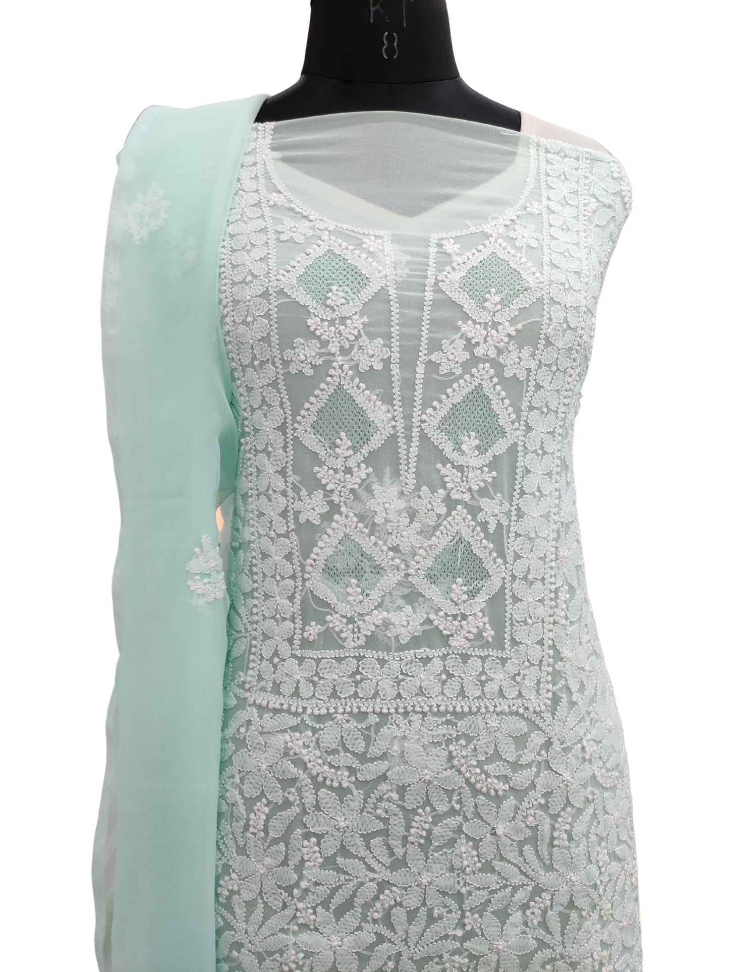 Shyamal Chikan Hand Embroidered Sea Green Georgette Lucknowi Chikankari Unstitched Suit Piece with Jaali work - S20223