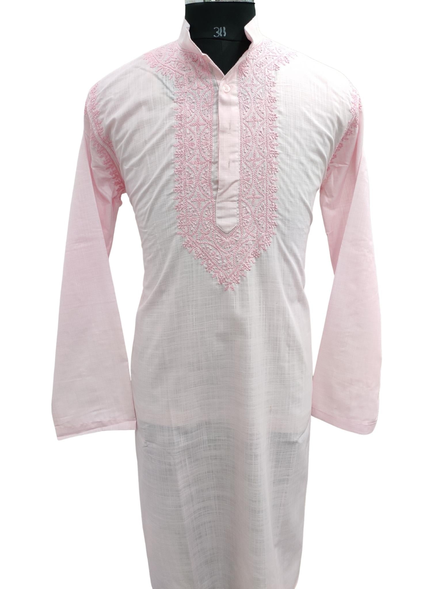 Shyamal Chikan Hand Embroidered Pink Cotton Lucknowi Chikankari Men's Kurta – S21219