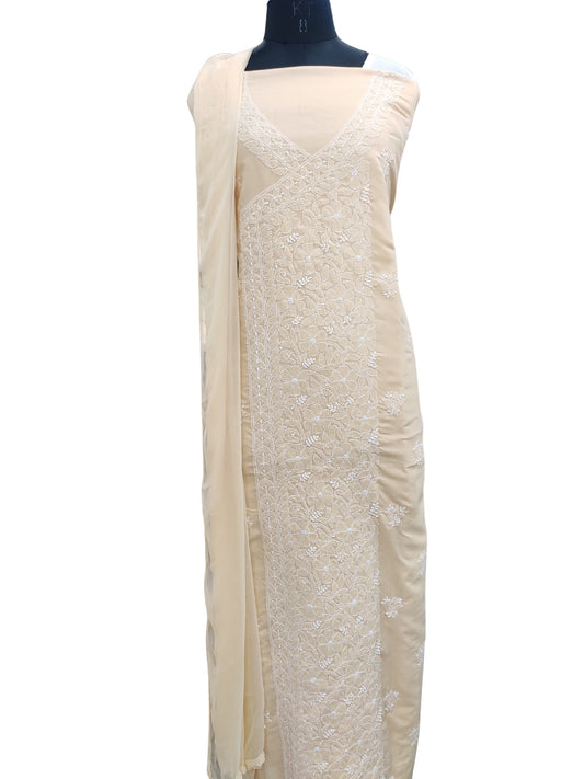 Shyamal Chikan Hand Embroidered Beige Cotton Lucknowi Chikankari Unstitched Angrakha Style Suit Piece- S22592