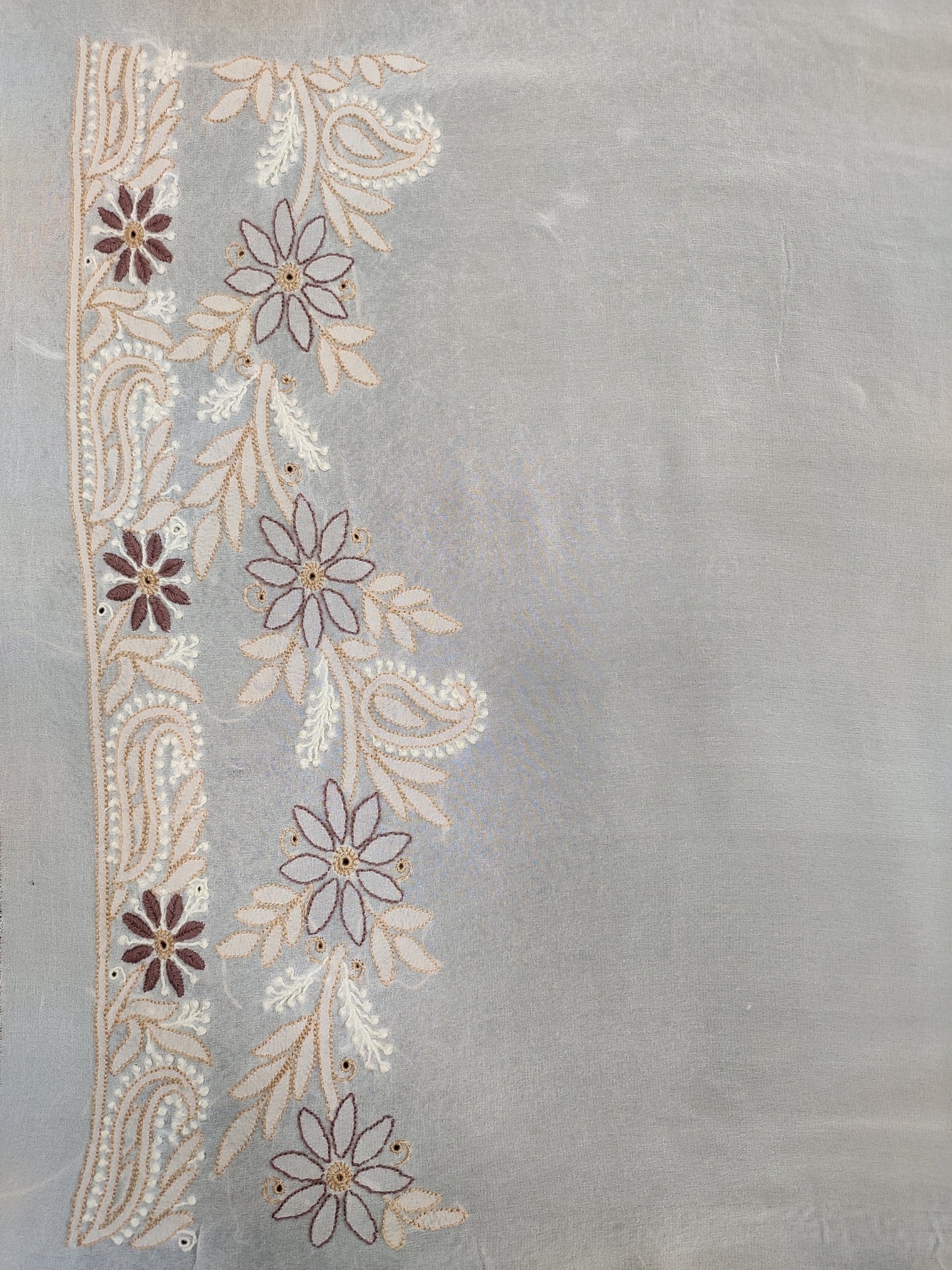 Shyamal Chikan Hand Embroidered White Pure Georgette Lucknowi Chikankari Saree With Blouse Piece  - S23232