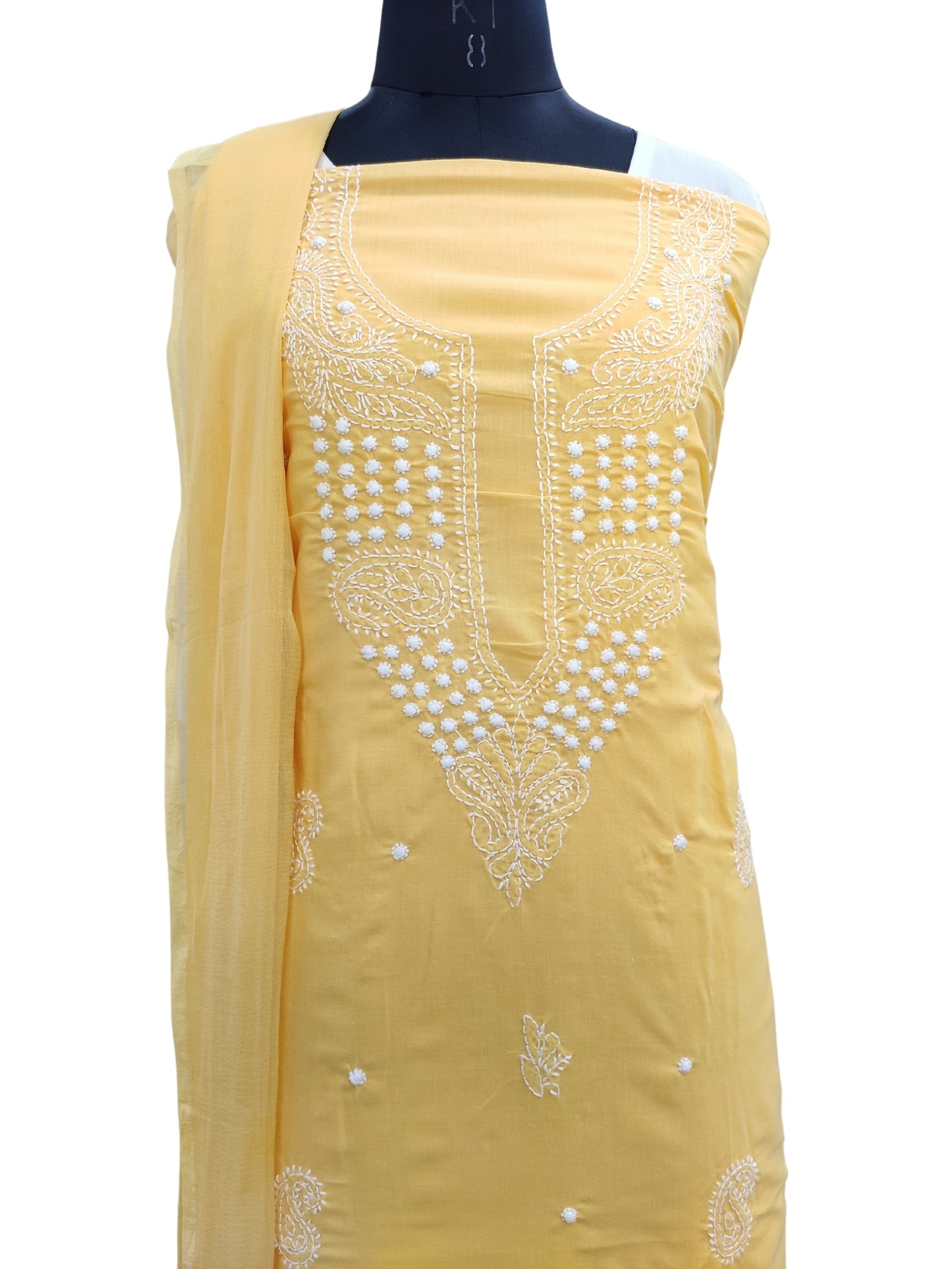 Shyamal Chikan Hand Embroidered Yellow Cotton Lucknowi Chikankari Unstitched Suit Piece - S24212