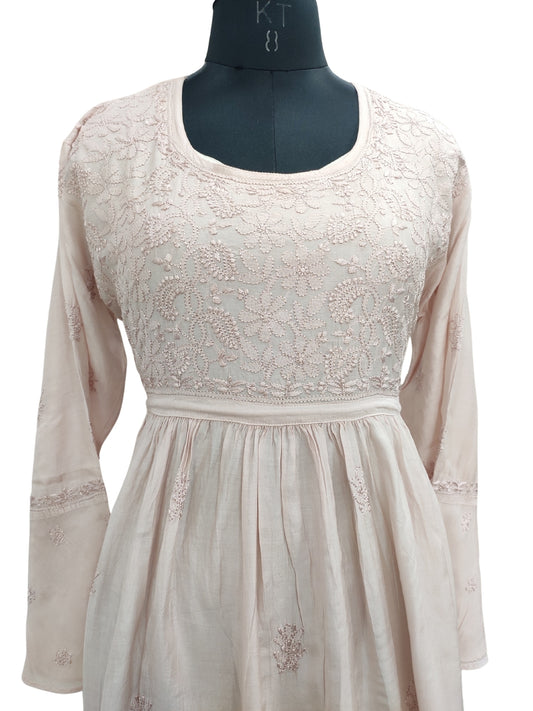 Shyamal Chikan Hand Embroidered Peachish Brown Muslin Lucknowi Chikankari Naira Short Top - S22818