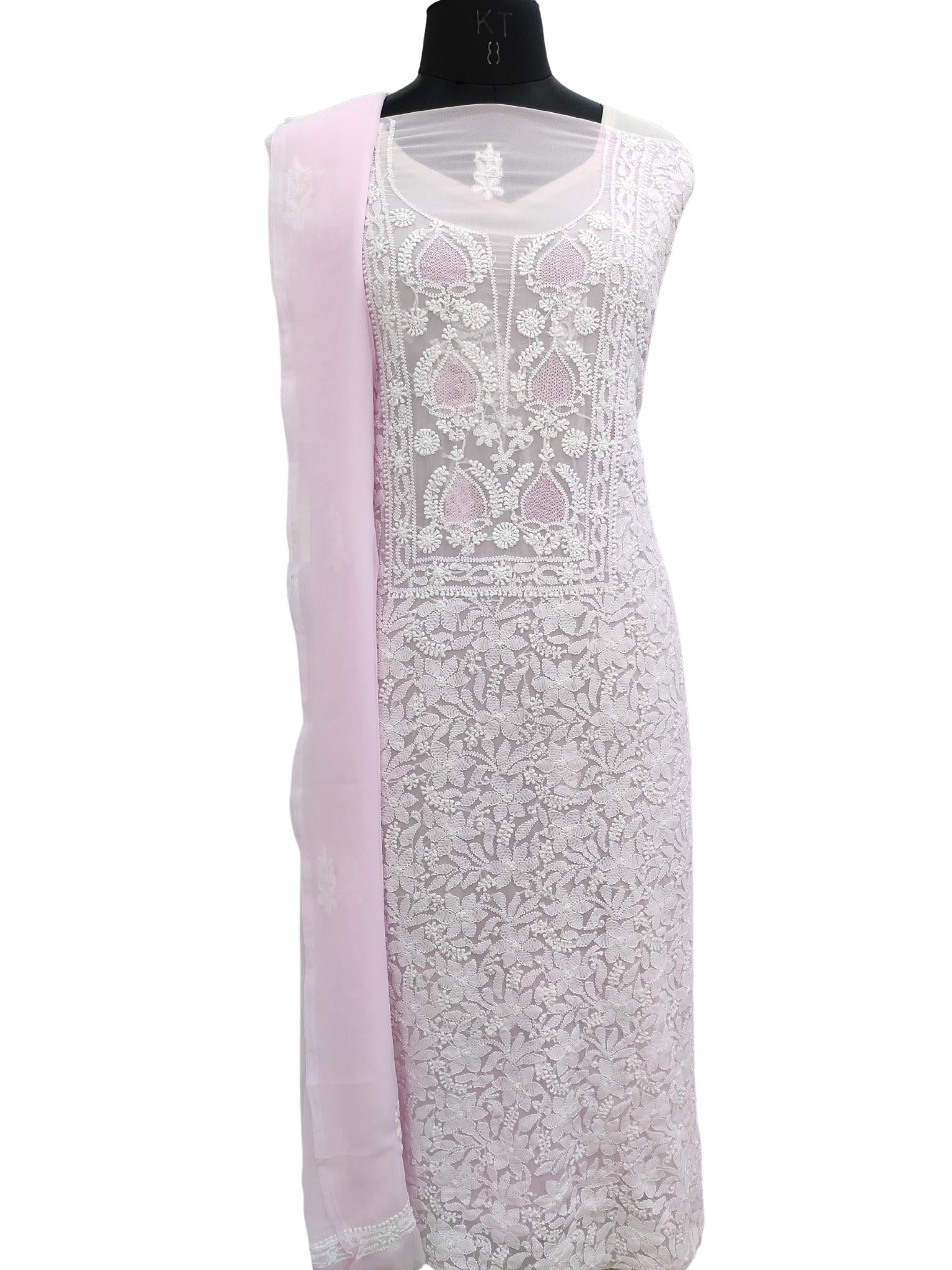 Shyamal Chikan Hand Embroidered Pink Georgette Lucknowi Chikankari Unstitched Suit Piece with Jaali work - S20228
