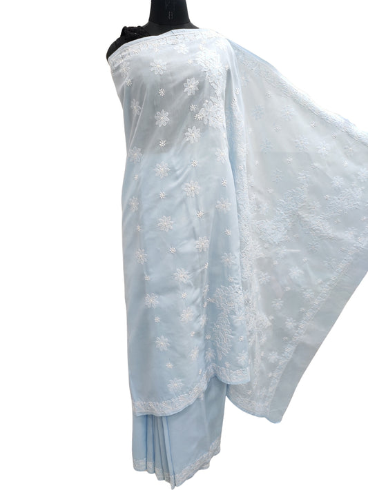 Shyamal Chikan Hand Embroidered Blue Cotton Lucknowi Chikankari Saree With Blouse Piece- S23164