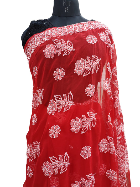 Shyamal Chikan Hand Embroidered Red Georgette Lucknowi Chikankari Skirt Saree With Blouse Piece - S26069