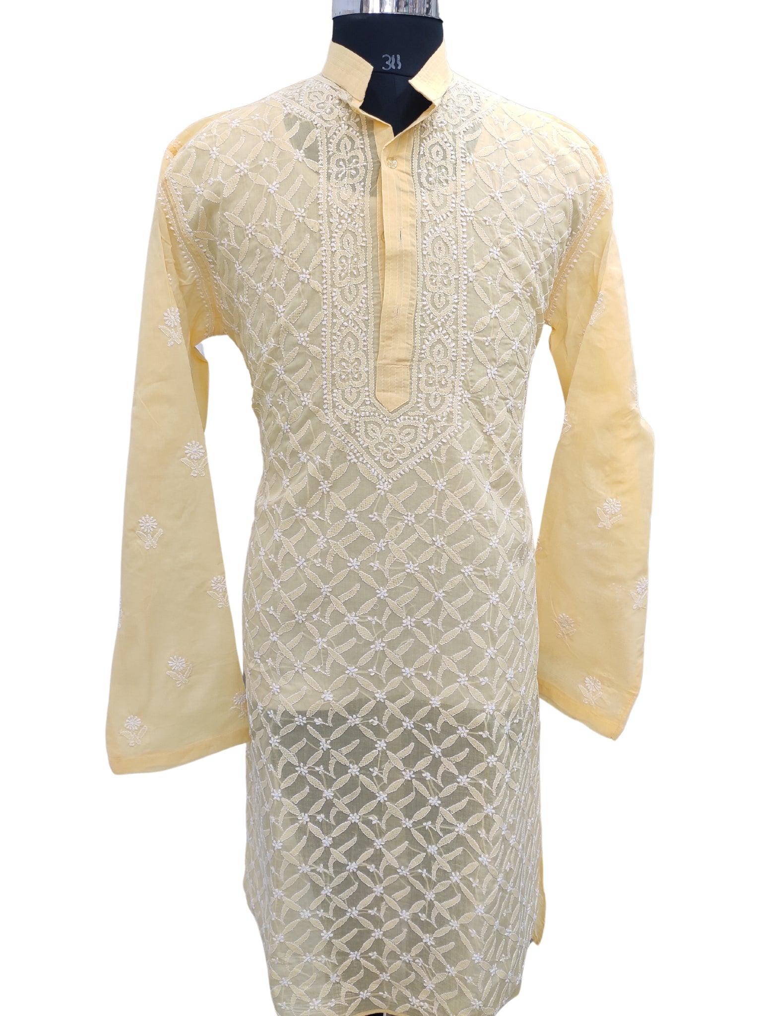 Shyamal Chikan Hand Embroidered Yellow Cotton Lucknowi Chikankari Men's Kurta –S21588