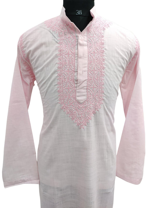 Shyamal Chikan Hand Embroidered Pink Cotton Lucknowi Chikankari Men's Kurta – S21219