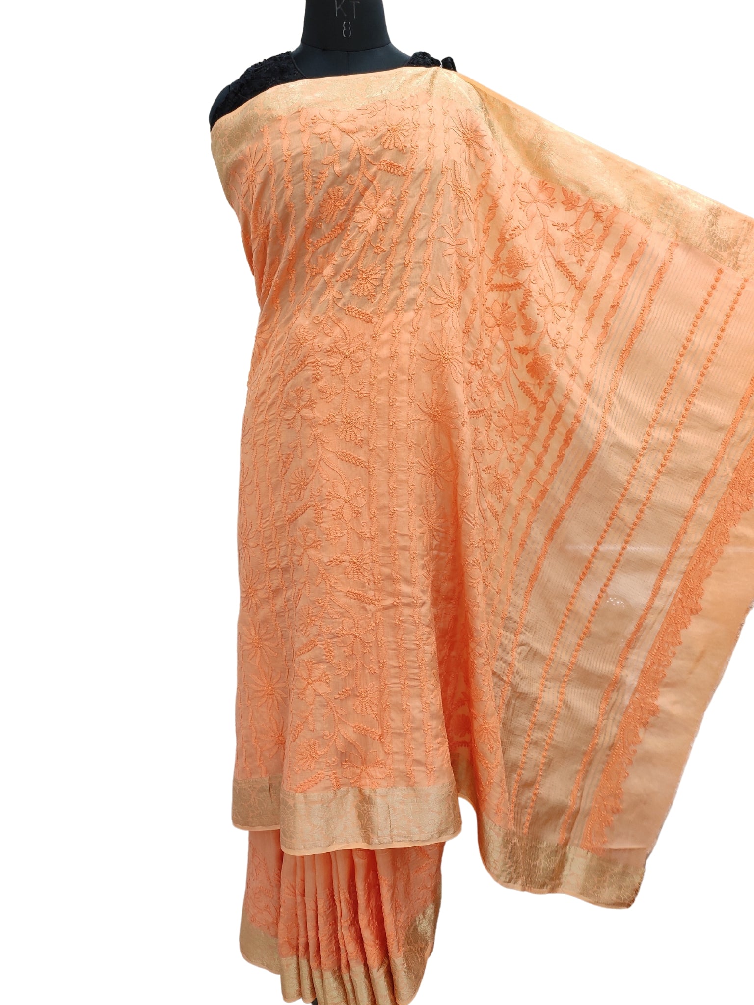 Shyamal Chikan Hand Embroidered Orange Pure Muslin Lucknowi Chikankari Saree With Blouse Piece- S20083