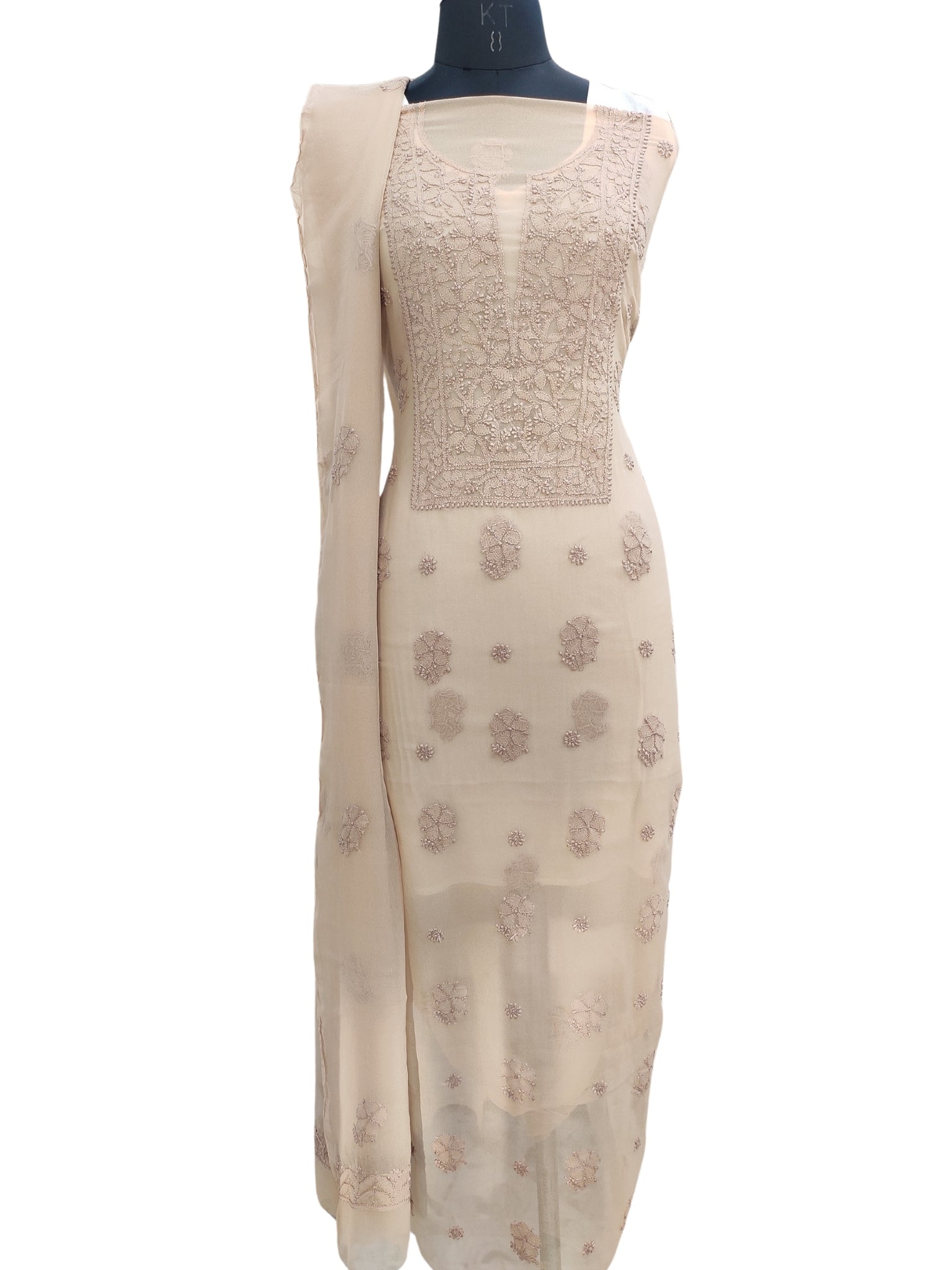 Shyamal Chikan Hand Embroidered Brown Georgette Lucknowi Chikankari Unstitched Suit Piece - 24009