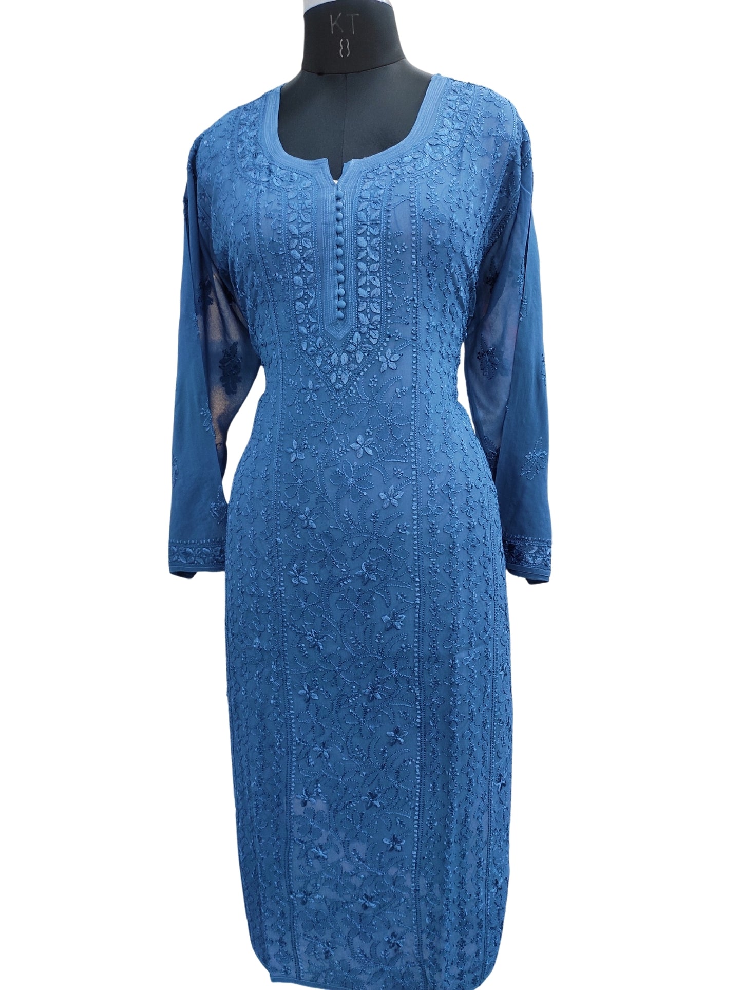 Shyamal Chikan Hand Embroidered Peacock Blue Viscose Georgette Lucknowi Chikankari Kurti - S24697