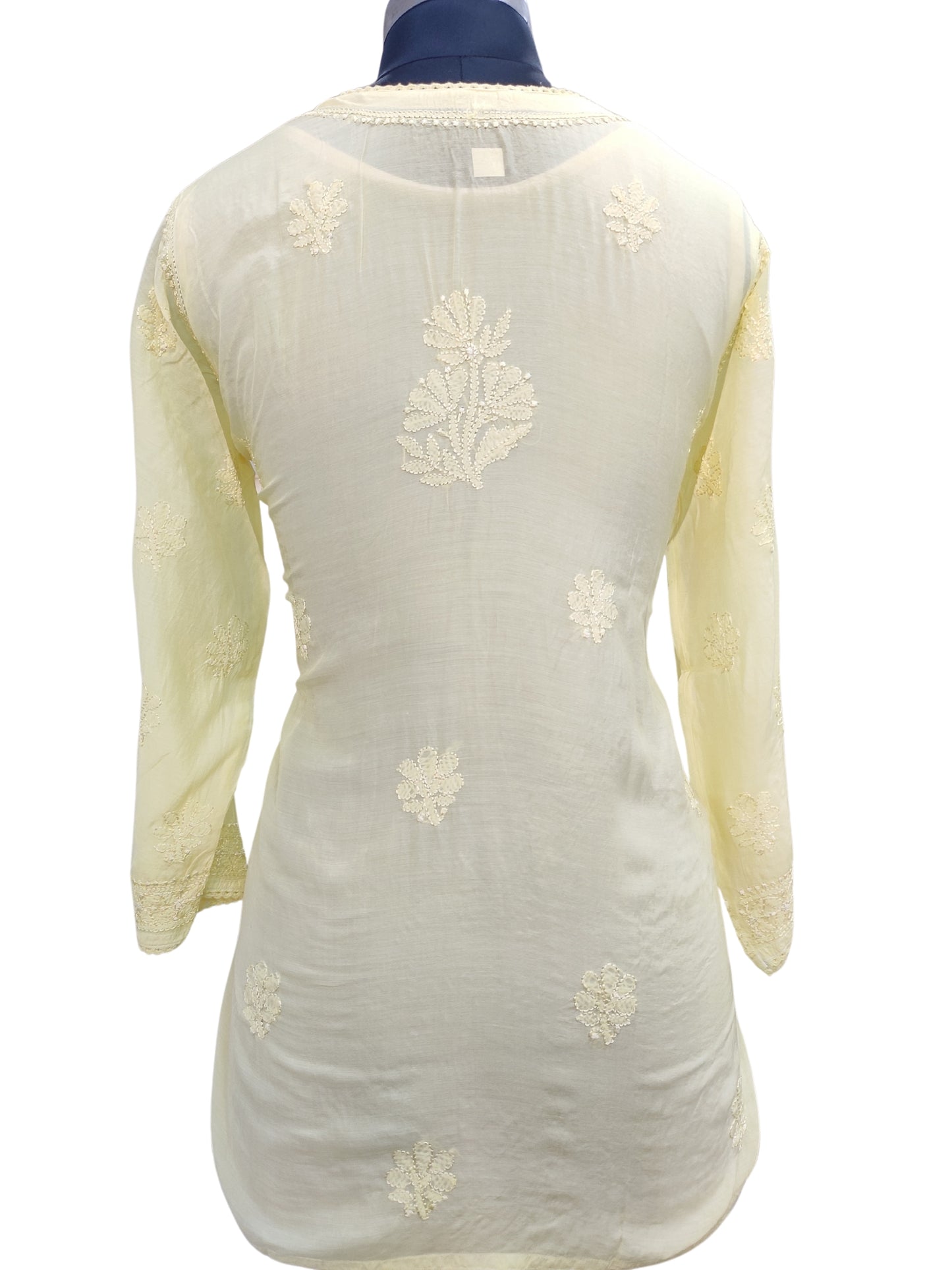 Shyamal Chikan Hand Embroidered Lemon Muslin Lucknowi Chikankari Short Top - 23492