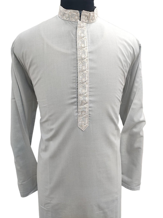 Shyamal Chikan Hand Embroidered Grey Cotton Lucknowi Chikankari Men's Kurta – S17241