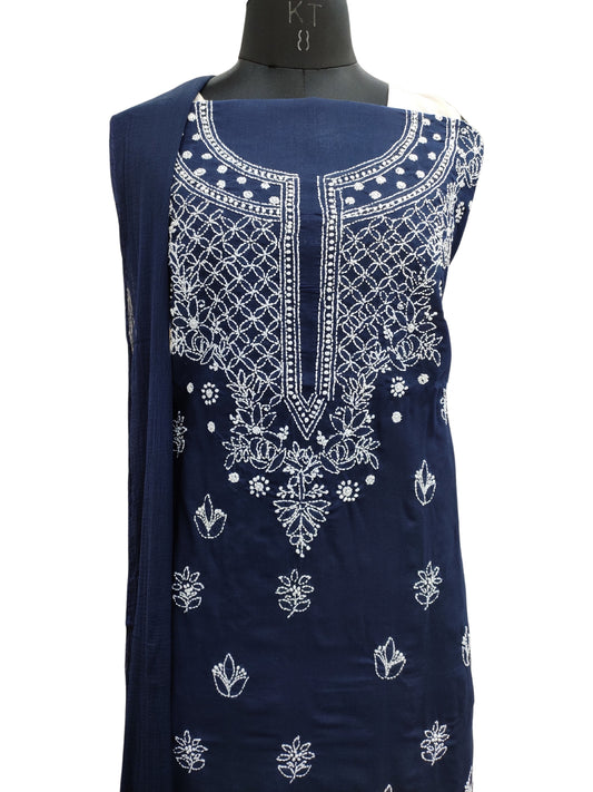 Shyamal Chikan Hand Embroidered Navy Blue Cotton Lucknowi Chikankari Unstitched Suit Piece - S25408