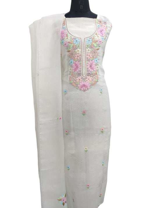 Shyamal Chikan Hand Embroidered White Organza Lucknowi Chikankari Unstitched Suit Piece (Kurta Dupatta Set) With Pearl and Cutdana Work - 23774