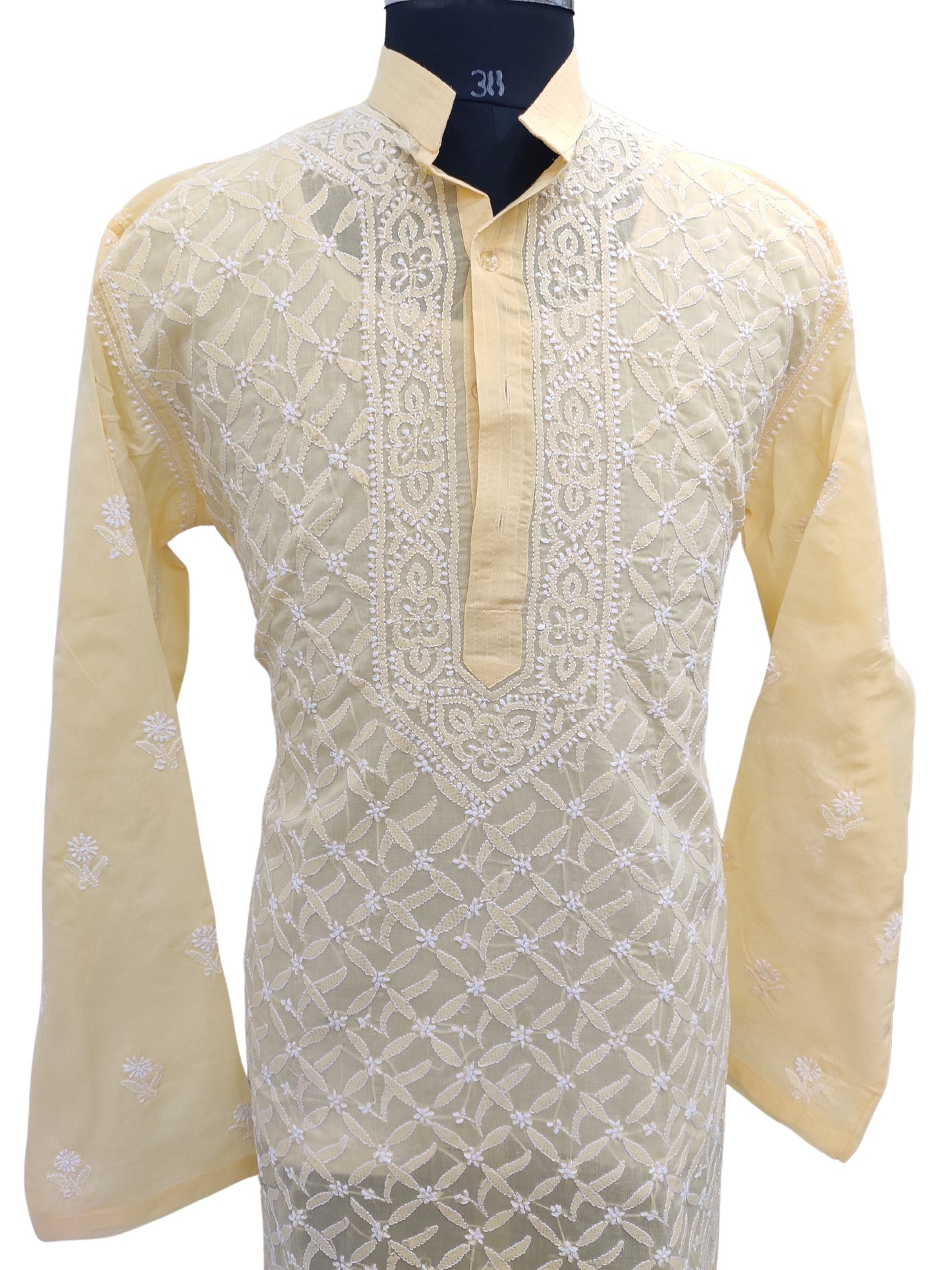 Shyamal Chikan Hand Embroidered Yellow Cotton Lucknowi Chikankari Men's Kurta –S21588