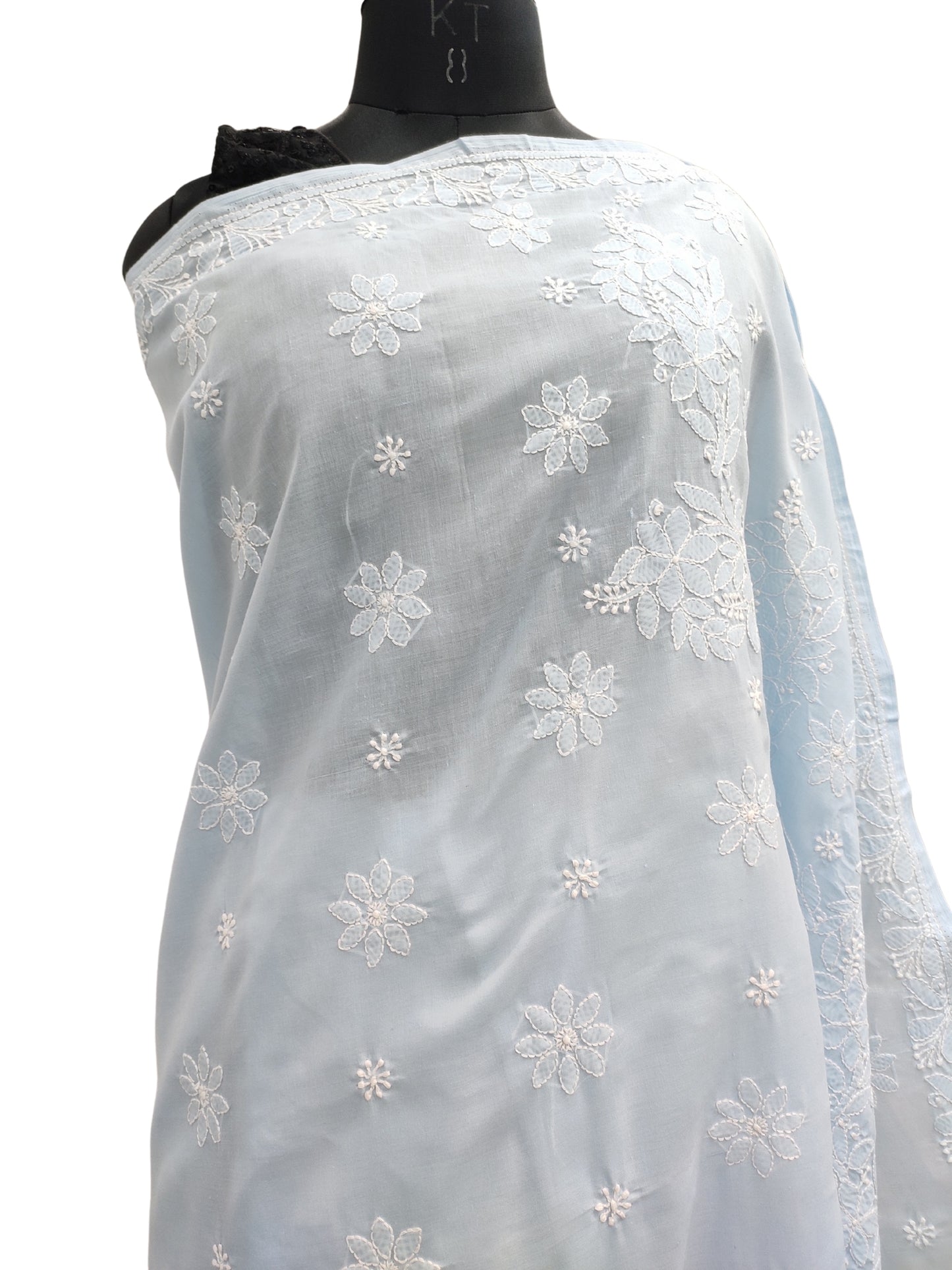 Shyamal Chikan Hand Embroidered Blue Cotton Lucknowi Chikankari Saree With Blouse Piece- S23164