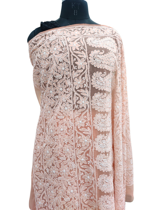 Shyamal Chikan Hand Embroidered Peach Georgette Lucknowi Chikankari Skirt Saree With Blouse Piece - S25238