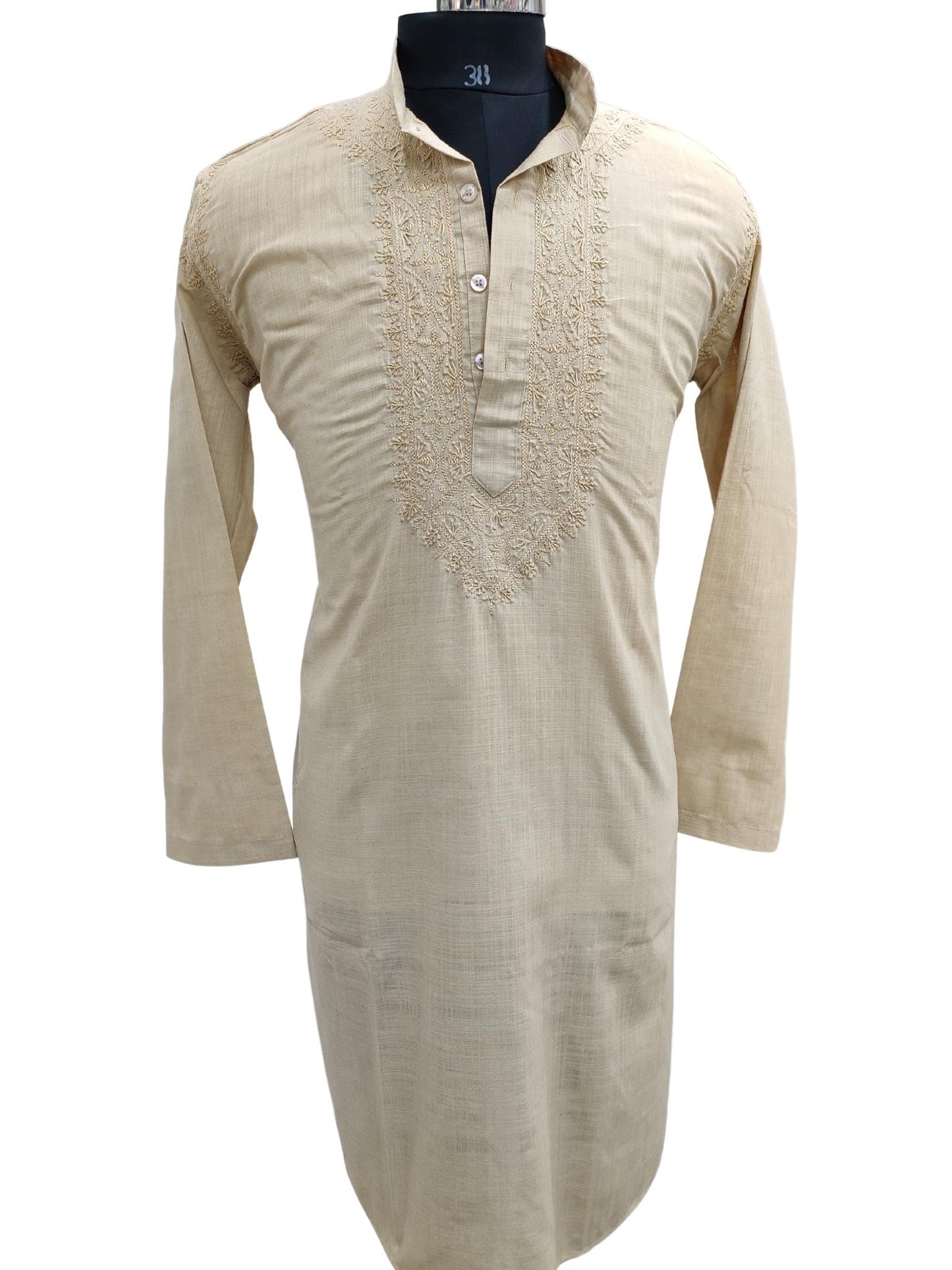 Shyamal Chikan Hand Embroidered Beige Cotton Lucknowi Chikankari Men's Kurta – S21217
