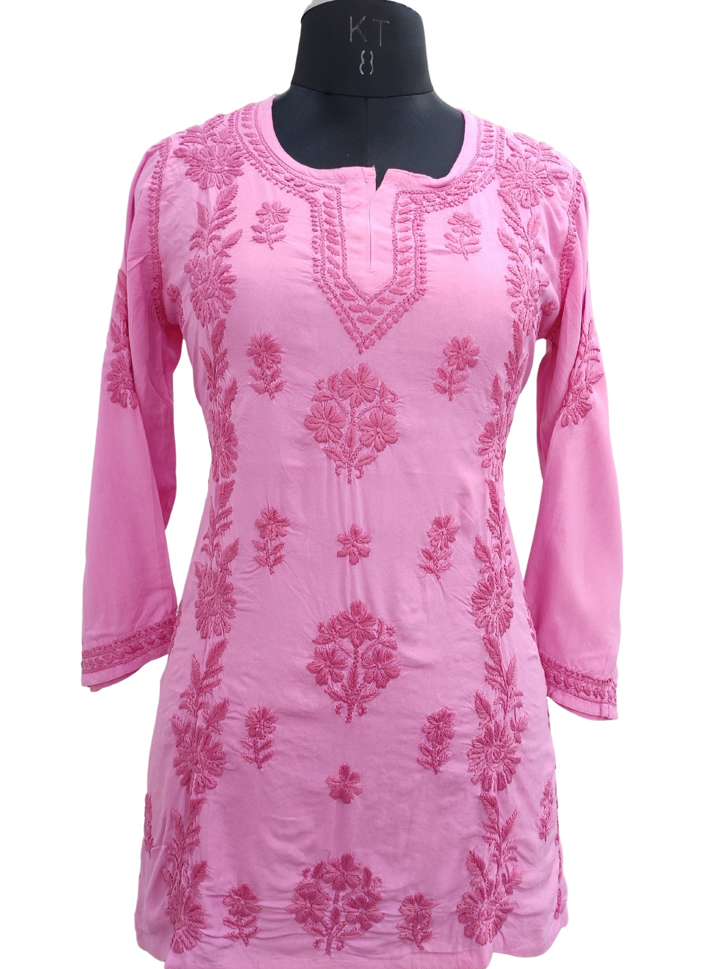 Shyamal Chikan Hand Embroidered Pink Soft Cotton Lucknowi Chikankari Short Top- S21373