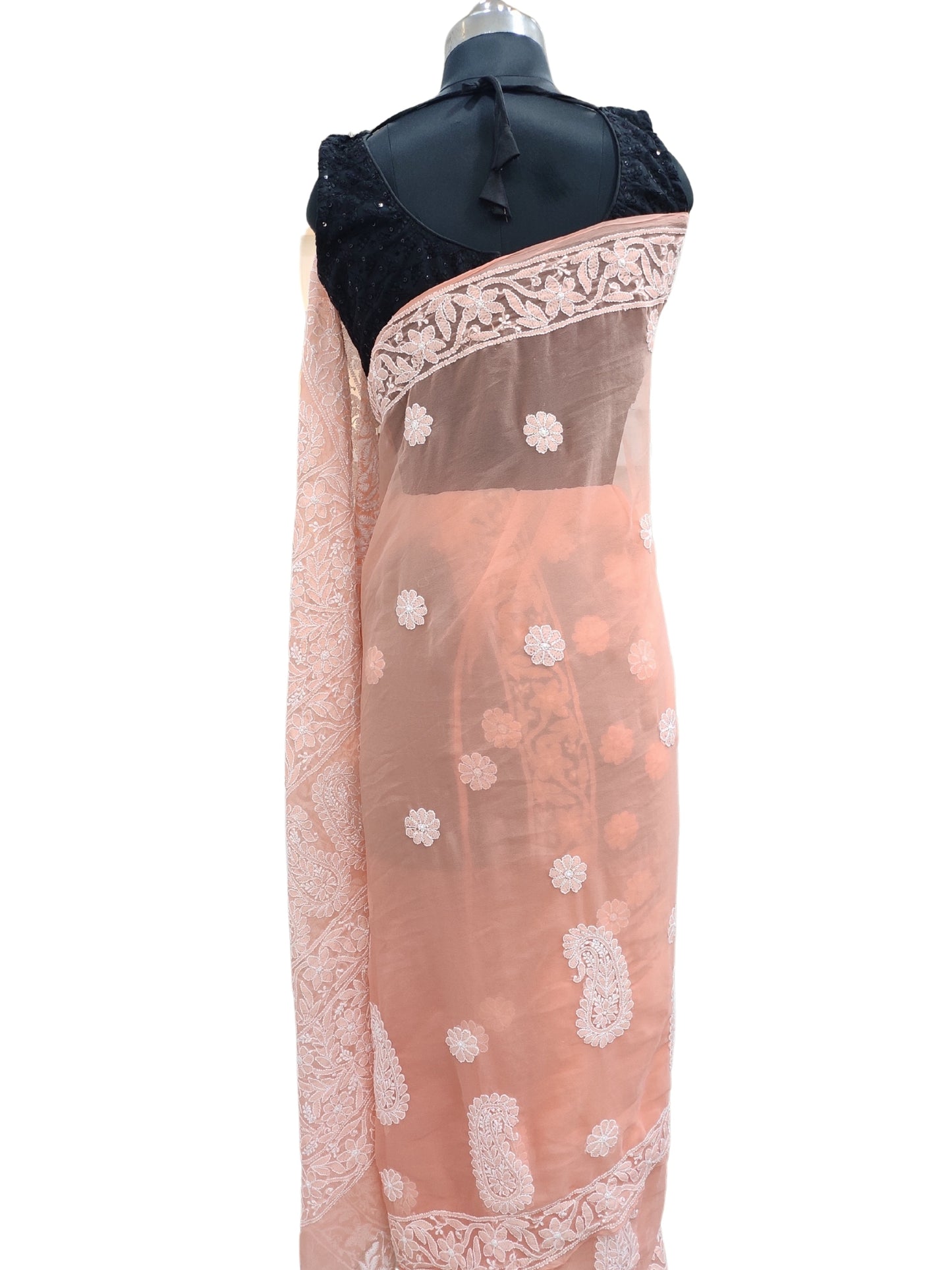 Shyamal Chikan Hand Embroidered Peach Georgette Lucknowi Chikankari Skirt Saree With Blouse Piece - S25238