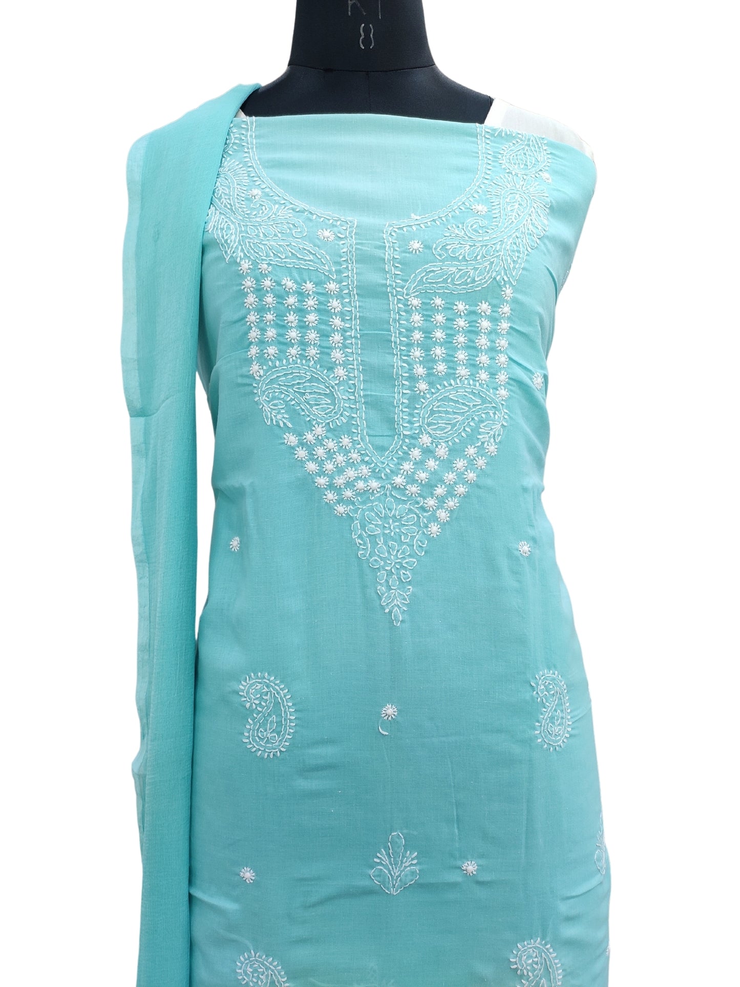 Shyamal Chikan Hand Embroidered Blue Cotton Lucknowi Chikankari Unstitched Suit Piece 24210