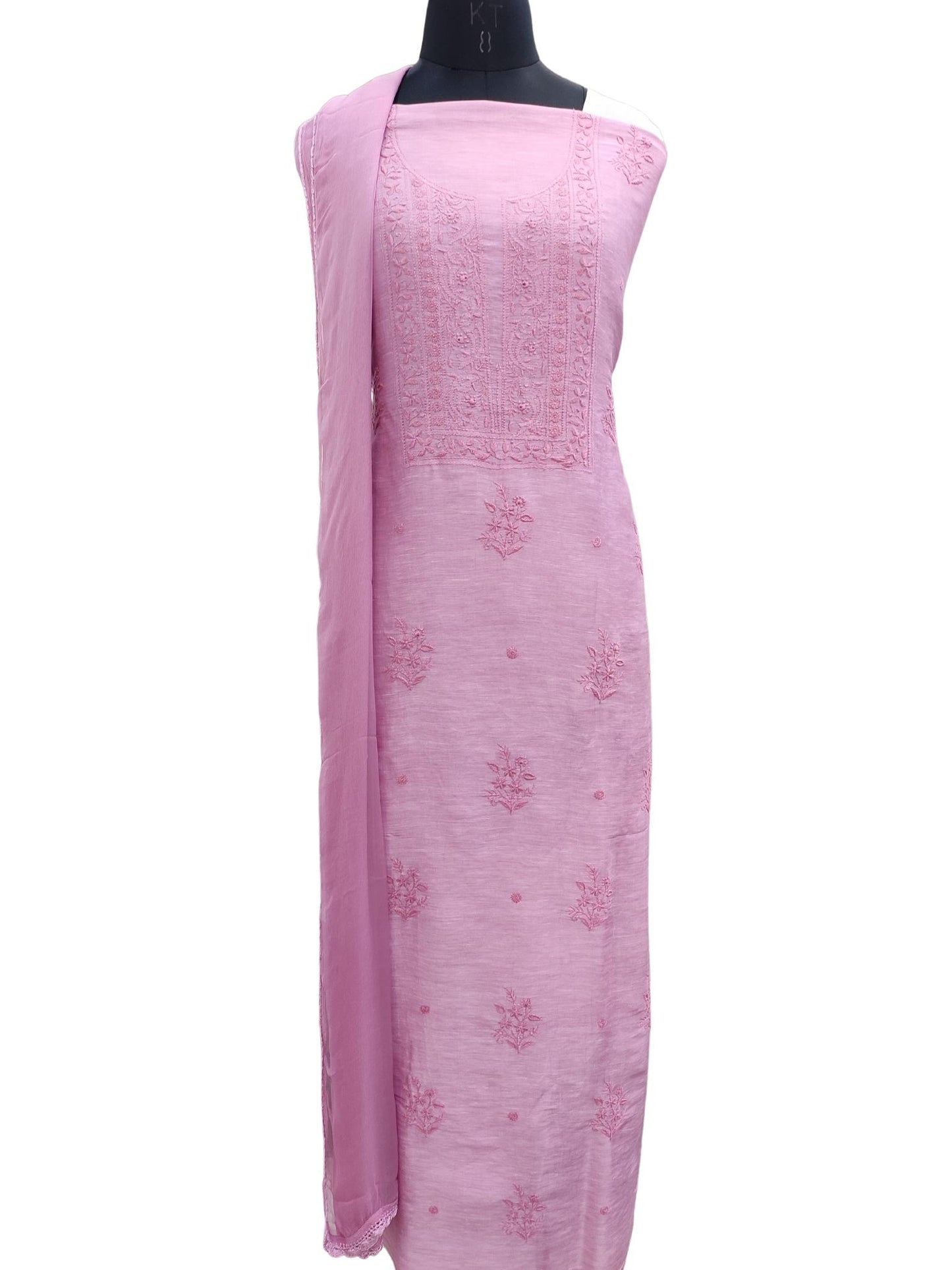 Shyamal Chikan Hand Embroidered Pink Lenin Chanderi Lucknowi Chikankari Unstitched Suit Piece - S21154