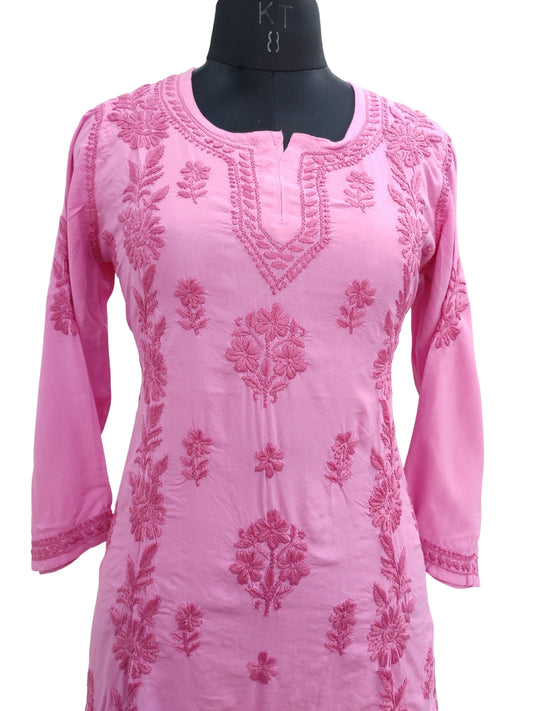 Shyamal Chikan Hand Embroidered Pink Soft Cotton Lucknowi Chikankari Short Top- S21373