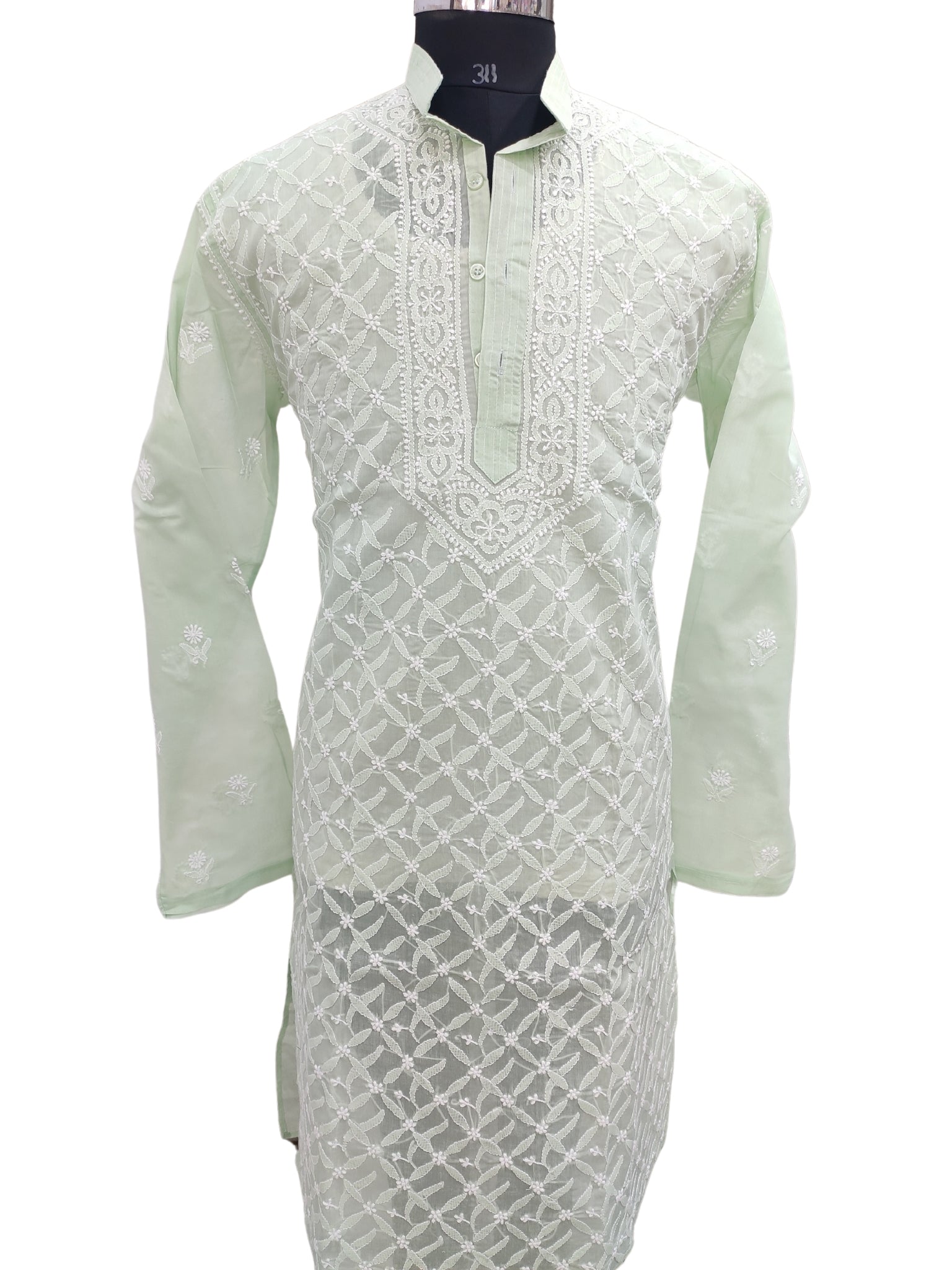 Shyamal Chikan Hand Embroidered Green Cotton Lucknowi Chikankari Men's Kurta –S21597