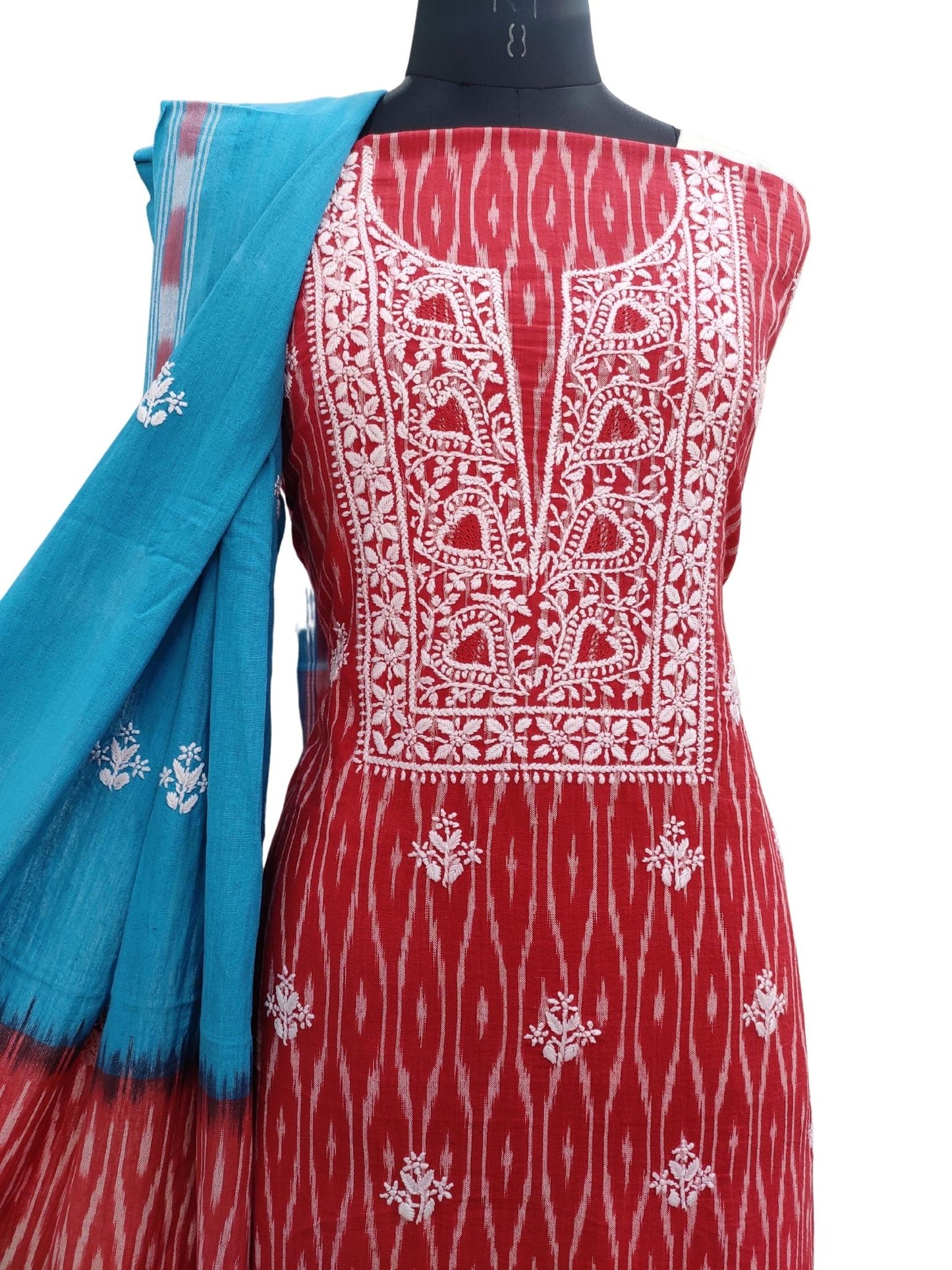 Shyamal Chikan Hand Embroidered Red Ikat Cotton Lucknowi Chikankari Unstitched Suit Piece - S20119