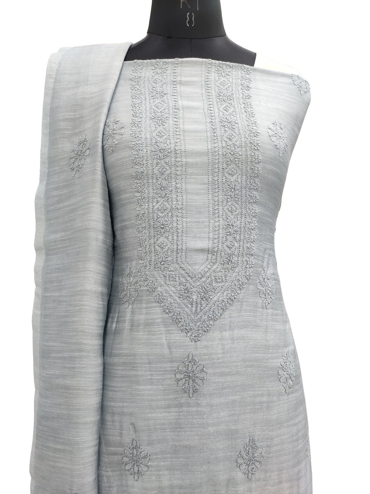 Shyamal Chikan Hand Embroidered White Pure Chanderi Silk Lucknowi Chikankari Unstitched Suit Piece ( Kurta Dupatta Set) - S14355