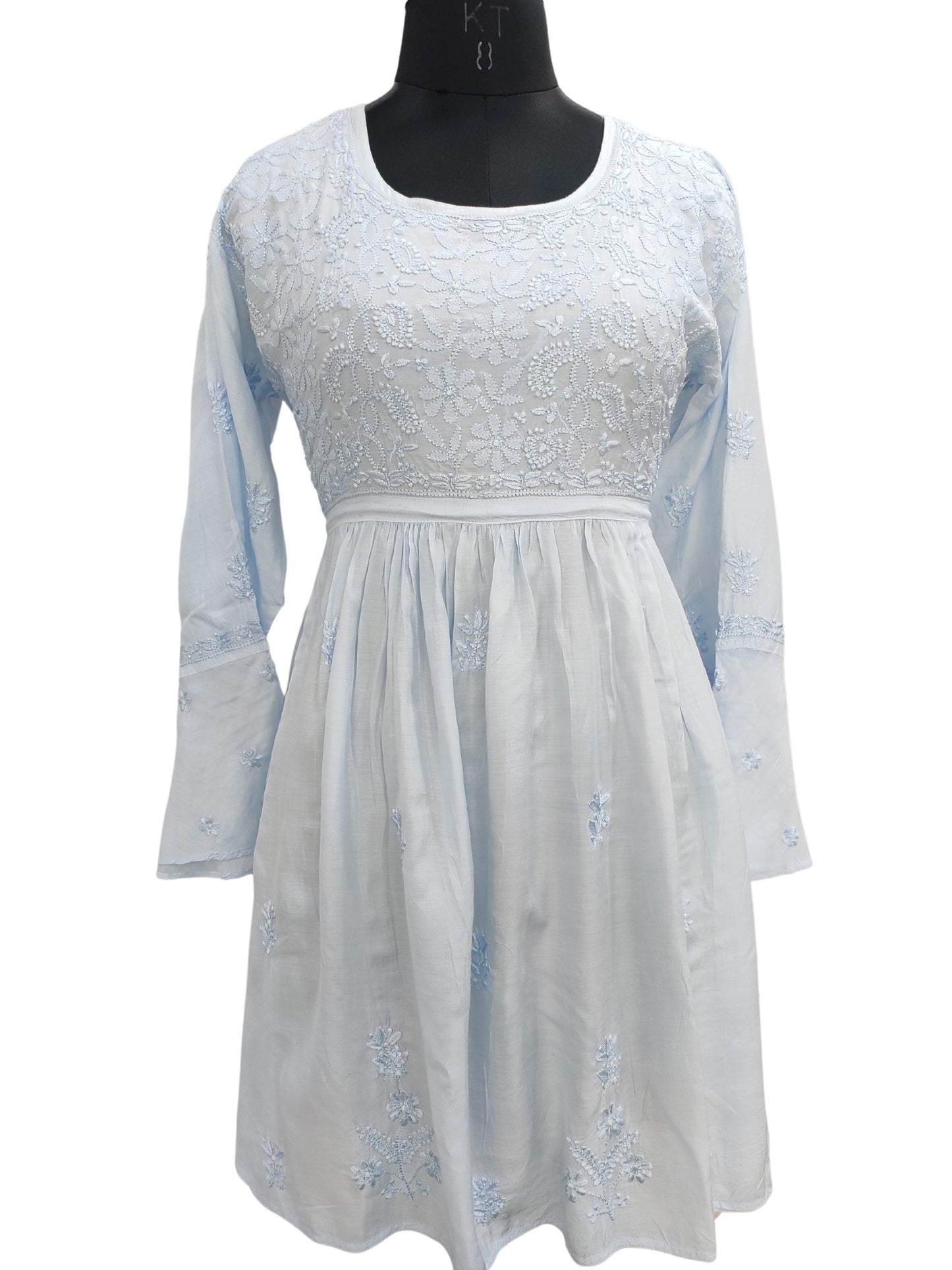 Shyamal Chikan Hand Embroidered Blue Muslin Lucknowi Chikankari Naira Short Top - S22815