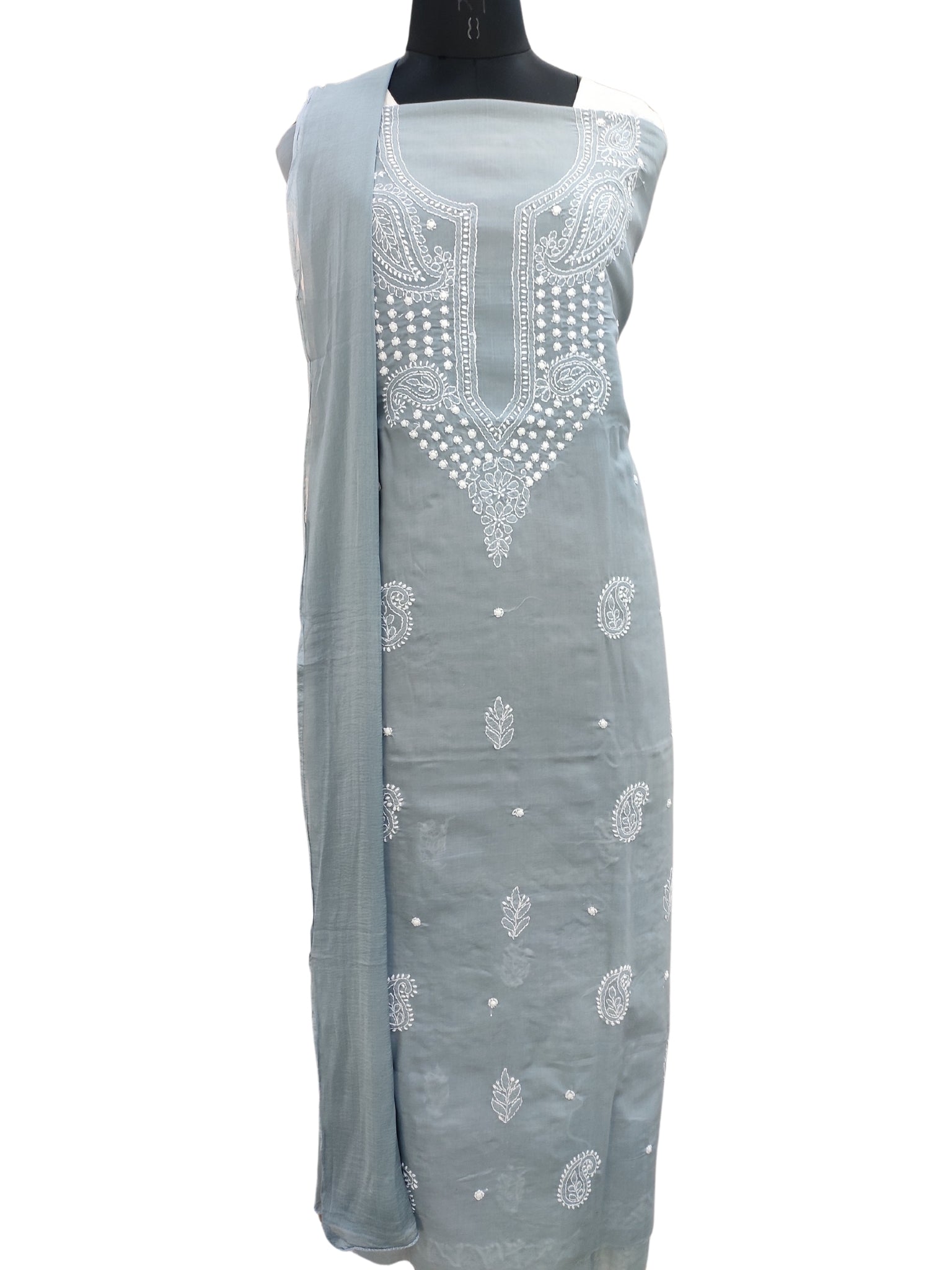 Shyamal Chikan Hand Embroidered Grey Cotton Lucknowi Chikankari Unstitched Suit Piece 24196