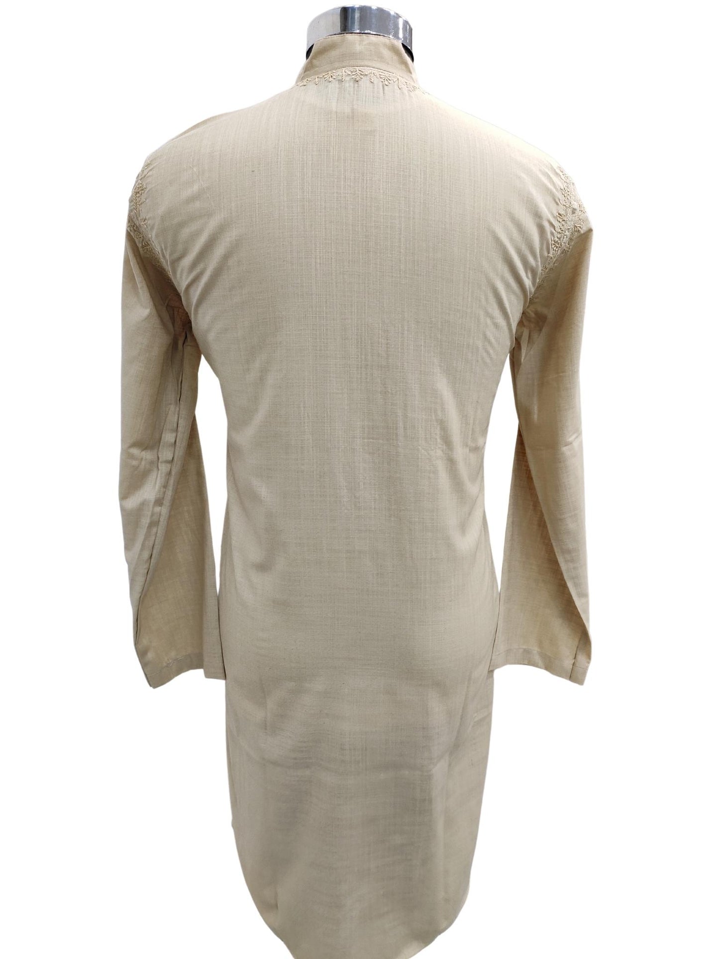 Shyamal Chikan Hand Embroidered Beige Cotton Lucknowi Chikankari Men's Kurta – S21217