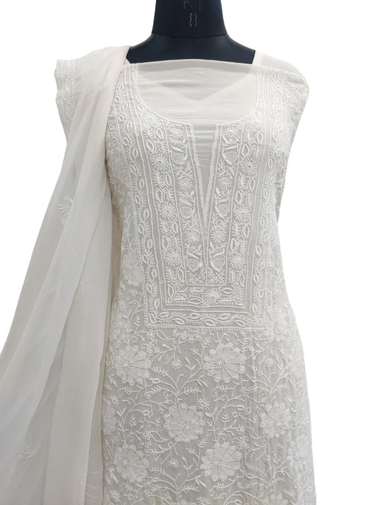 Shyamal Chikan Hand Embroidered White Pure Georgette Lucknowi Chikankari Unstitched Suit Piece - S23836