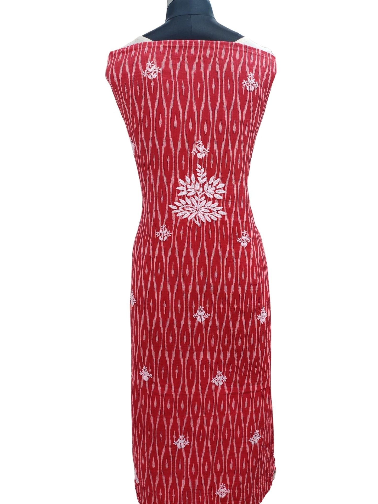 Shyamal Chikan Hand Embroidered Red Ikat Cotton Lucknowi Chikankari Unstitched Suit Piece - S20119