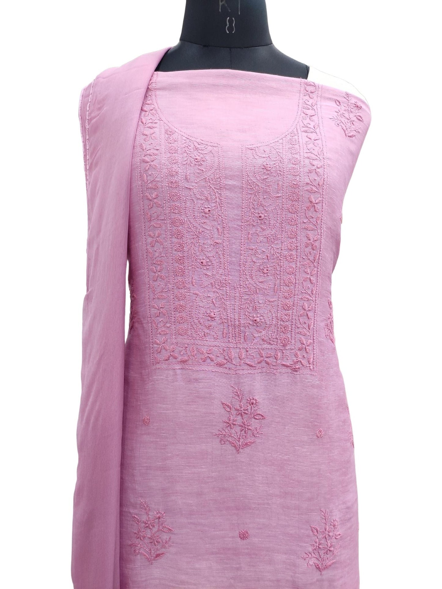 Shyamal Chikan Hand Embroidered Pink Lenin Chanderi Lucknowi Chikankari Unstitched Suit Piece - S21154