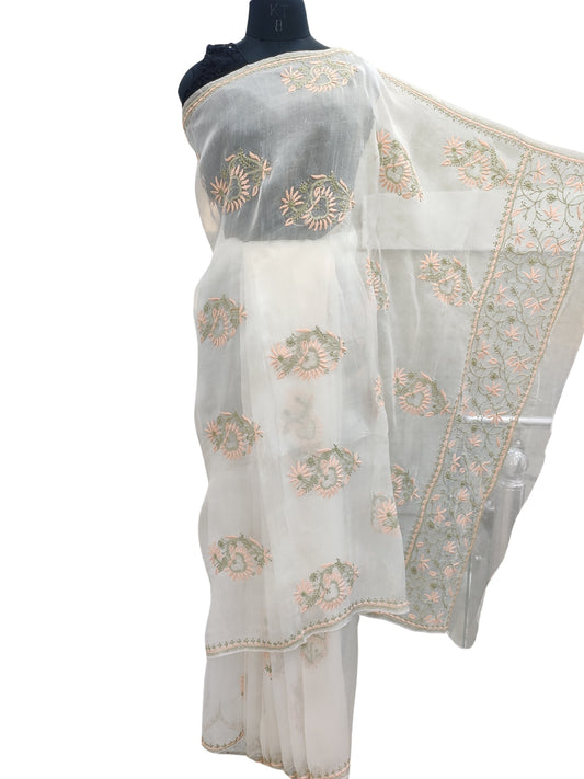 Shyamal Chikan Hand Embroidered White Pure Organza Lucknowi Chikankari Saree With Blouse Piece - S22313
