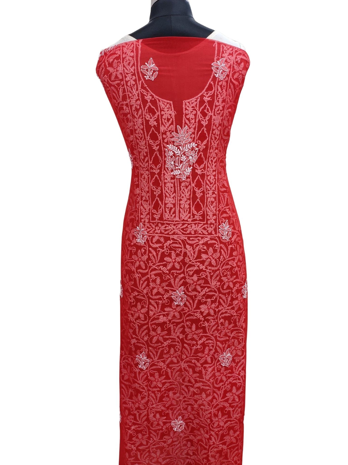 Shyamal Chikan Hand Embroidered Red Georgette Lucknowi Chikankari Unstitched Suit Piece - S20231