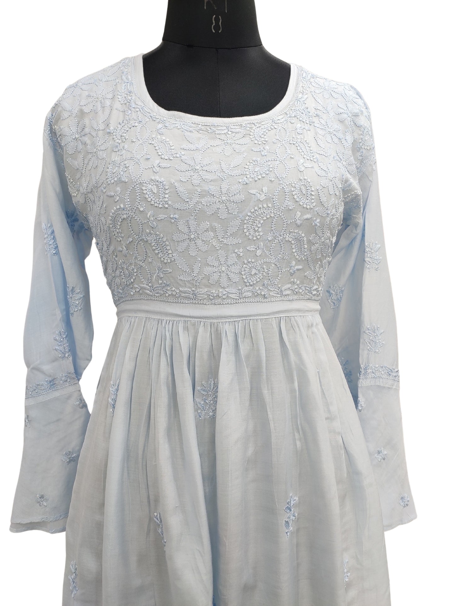 Shyamal Chikan Hand Embroidered Blue Muslin Lucknowi Chikankari Naira Short Top - S22815