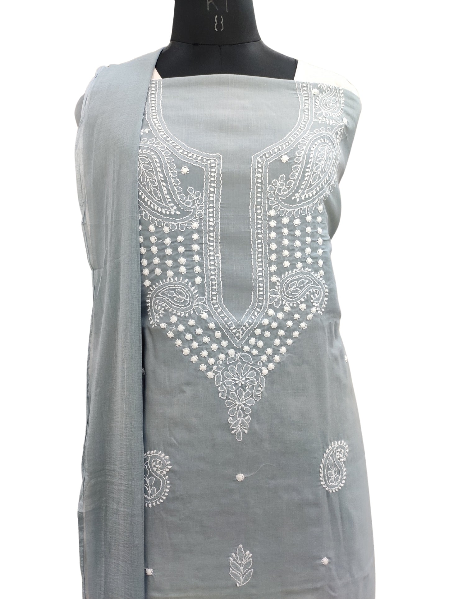 Shyamal Chikan Hand Embroidered Grey Cotton Lucknowi Chikankari Unstitched Suit Piece - S24196