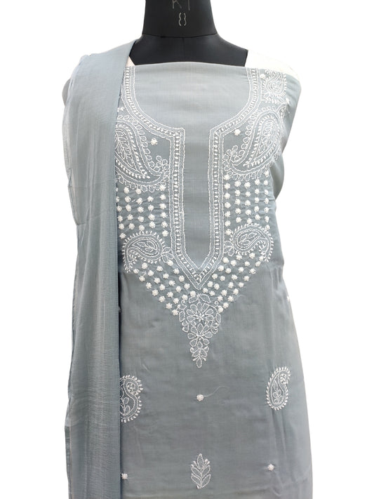 Shyamal Chikan Hand Embroidered Grey Cotton Lucknowi Chikankari Unstitched Suit Piece - S24196